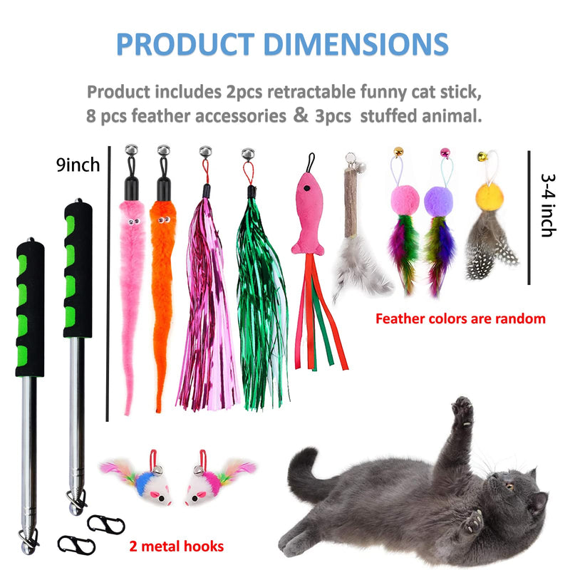 WHEFORY Retractable Cat Teaser Cat Wand Toy, Cat Toys for Indoor Cats Interactive Cat Toy Fishing Rod with 11 Pcs Refills Feather Toys & Plush Animals - BeesActive Australia
