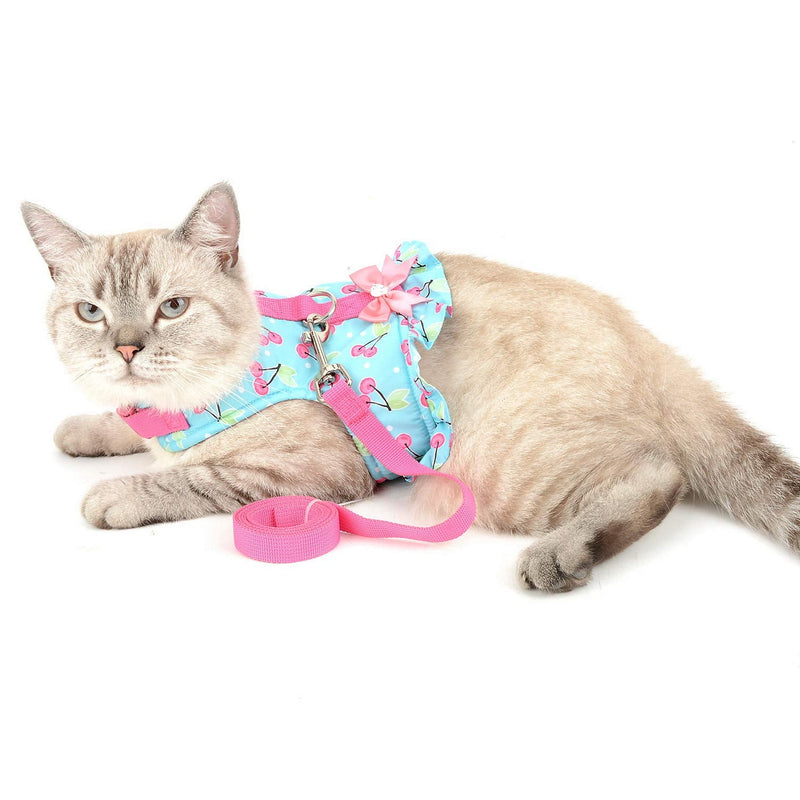 SMALLLEE_LUCKY_STORE Bow Flower Striped Print Cat Small Dog Harness Dress with Leash for Girls Adjustable No Pull Escape Proof Soft Walking Jacket Waterproof Puppies Kitten Harness Vest Outdoor M(chest 16.5-17.5 Inch) blue cherry - BeesActive Australia
