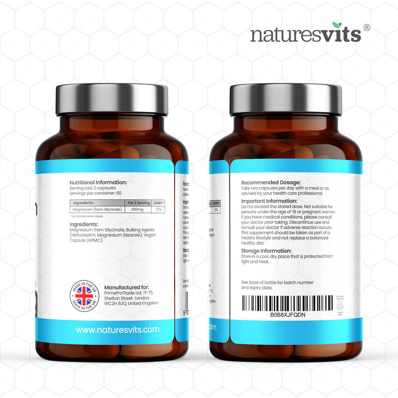 Magnesium Glycinate Capsules, 250 mg - Bisglycinate Natural Night Time Supplement to Promote Sleep and Calm, Reduce Restless Legs and Relieve Muscle Cramps - Suitable for Women and Men - BeesActive Australia