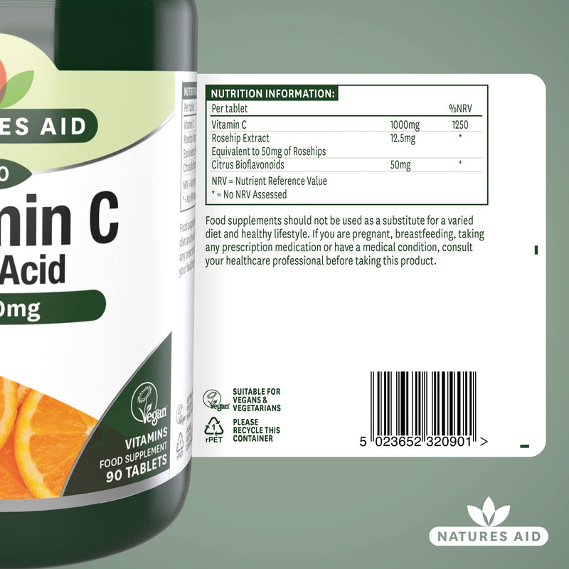Natures Aid Vitamin C Low Acid Tablets 1000mg Pack of 90 Vitamin C Low Acid 1000mg, 90 Tablets - BeesActive Australia