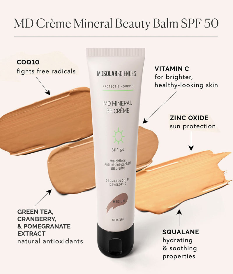 MDSolarSciences MD Crème Mineral Beauty Balm SPF 50, Oil-Free Tinted Matte BB Cream Perfects Skin & Provides Broad Spectrum UV Protection, 1.23 Oz Light/Medium - BeesActive Australia