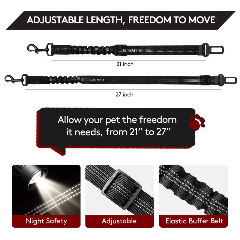 Nzonpet Dog Seat Belt, Retractable Dog Car Seatbelts, Safety Dog Seat Car Harness for Car Travel, Reflective Heavy Duty Pet Seat Belts w/ Stainless Hook and Elastic Bungee Buffer Black - BeesActive Australia