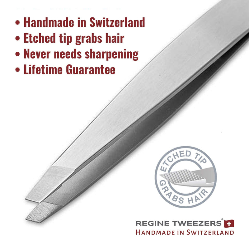 Regine Switzerland Slant Tweezer - Handmade in Switzerland - Professional Eyebrow, Facial & Hair Remover - Etched Interior Tip to Grab Hair From the Root - Perfectly Aligned Tips - Stainless Steel Silver - BeesActive Australia