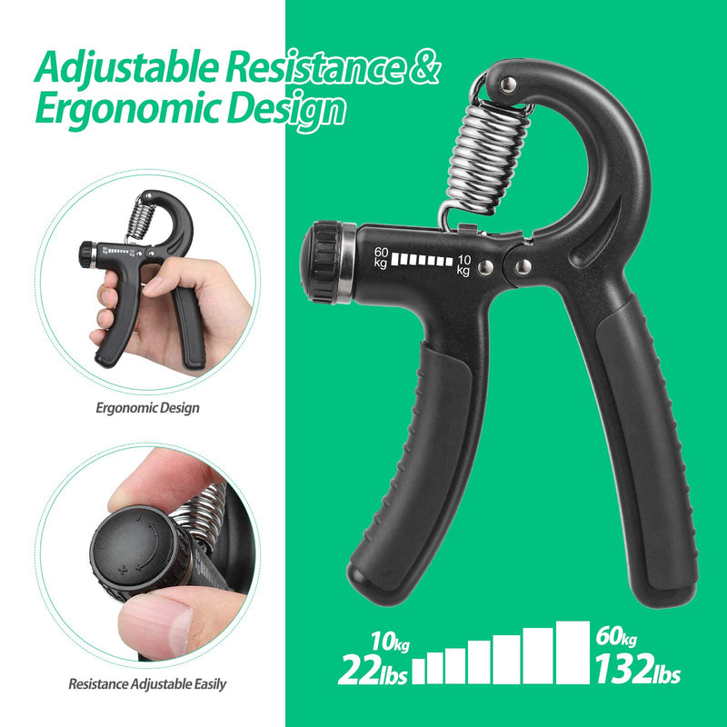 NIYIKOW Grip Strength Trainer, Hand Grip Strengthener, Adjustable Resistance 22-132Lbs (10-60kg), Non-Slip Gripper, Perfect for Musicians Athletes and Hand Rehabilitation Exercising Black-1Pack - BeesActive Australia
