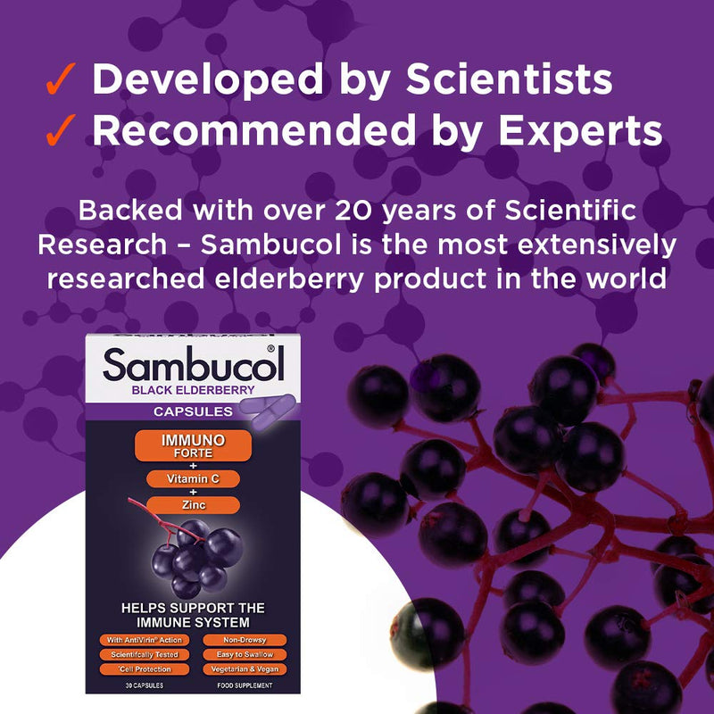 Sambucol Natural Black Elderberry Immuno Forte Capsules | Vitamin C | Zinc | Immune Support Supplement | 30 Capsules - BeesActive Australia