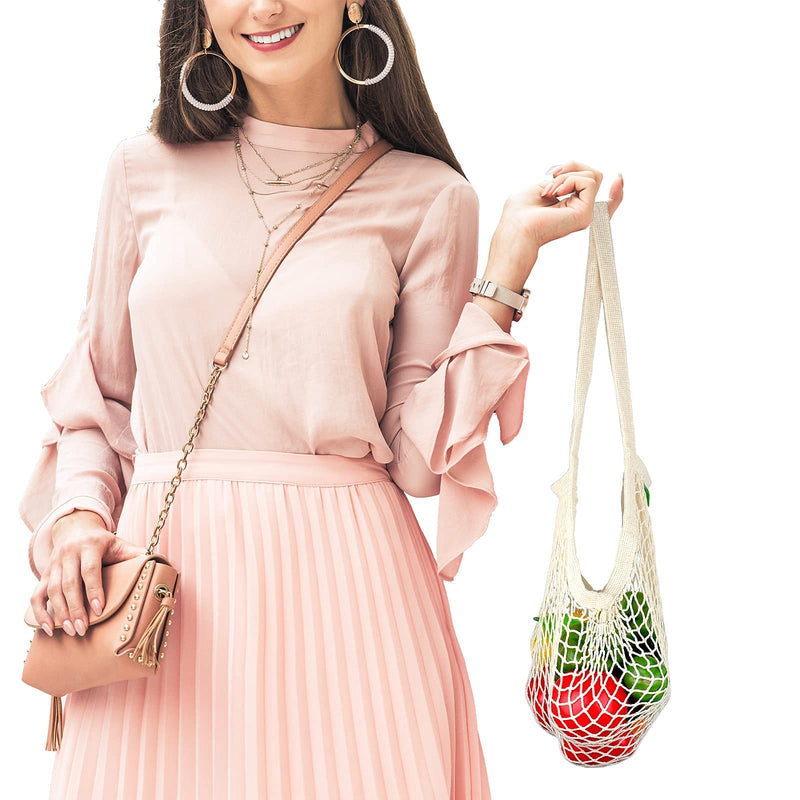 [2 Pack] Premium Mesh Grocery Bags, Reusable Produce Bags, Long Handle Net Tote Bags, 100% Cotton String Bags, Fruit and Vegetable Bags, Beige (Portable/Washable/Durable) - BeesActive Australia
