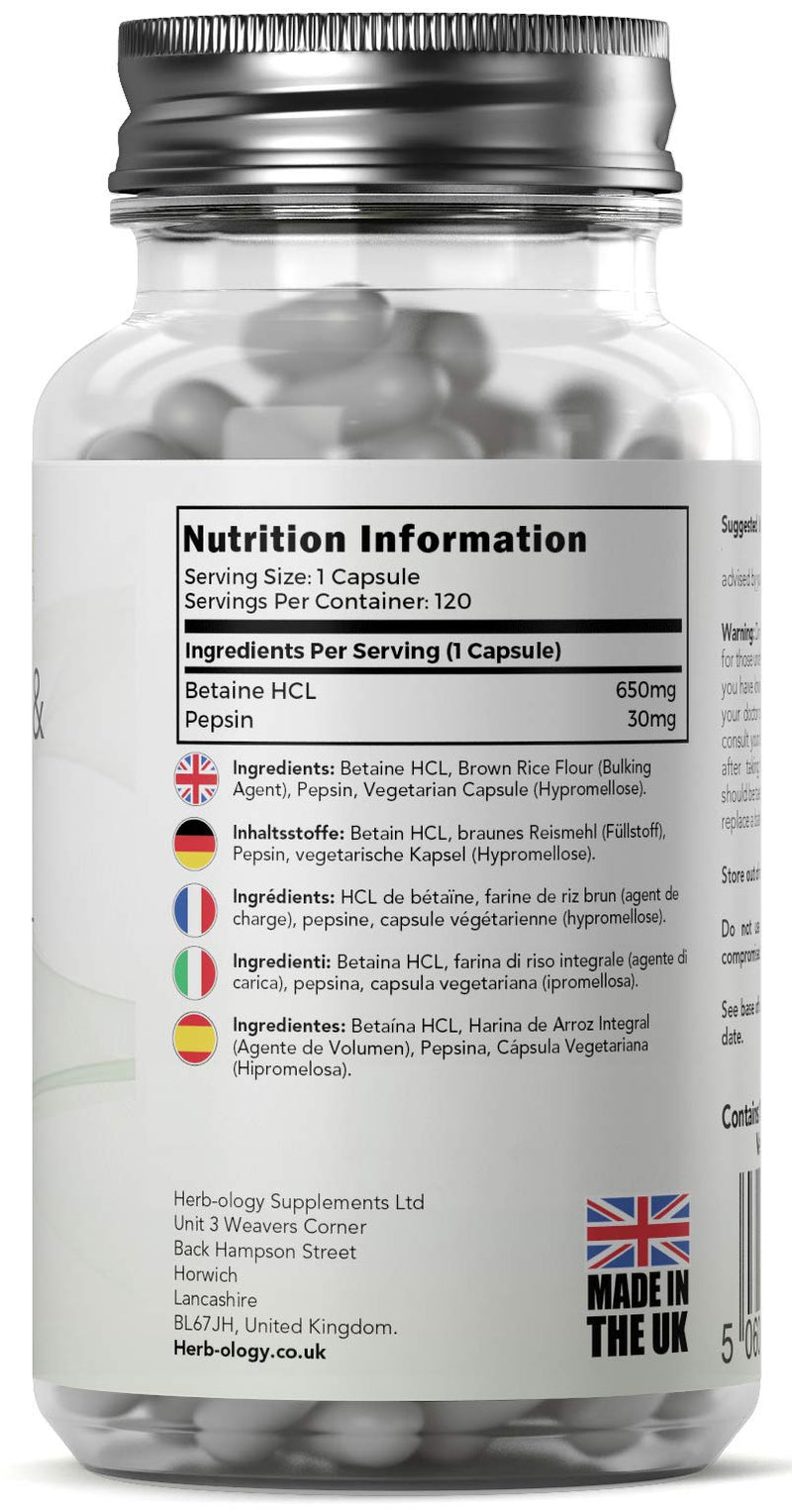 Herb-Ology Betaine HCL & Pepsin Capsules | 120 Betaine Hydrochloride Supplements, 650mg per Capsule | Clean Fillers & Manufactured in The UK - BeesActive Australia