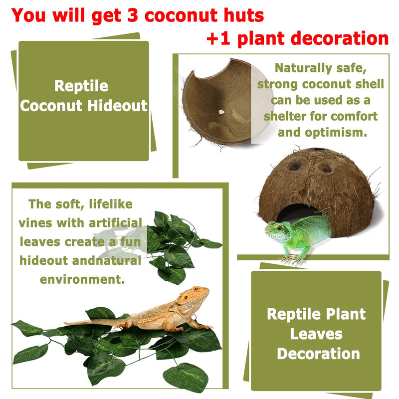 Hamiledyi Reptile Hideouts Natural Coconut Shells Hut Small Animal Hide Cave Hermit Crab Climbing Toys Lizard Habitat Decor Plant Leaves Decoration for Gecko Spider Snake Chameleon (4Pcs) - BeesActive Australia