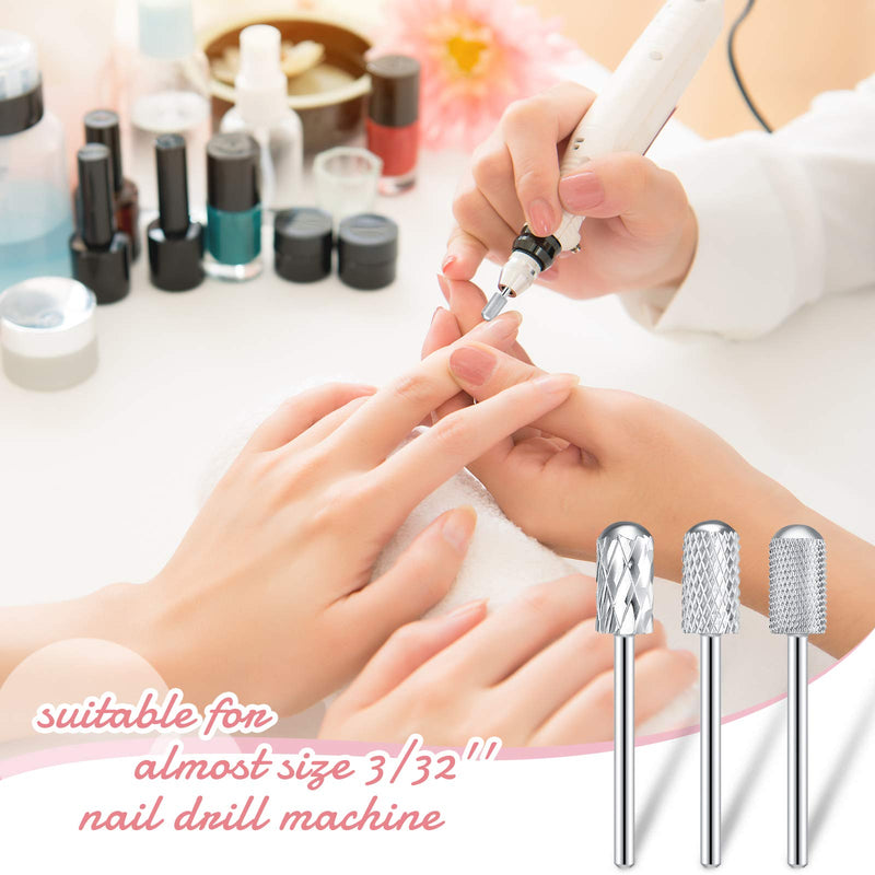 3 Pieces Nail Drill Bits Set Safety Nail Carbide Bit Smooth Round Top Large Barrel Head Carbide Bit Manicure Drill Bits Set for Acrylic Gel Nails Remove, 3/32 Inch Shank Size (4XC, C, XF, Silver) 4XC, C, XF - BeesActive Australia