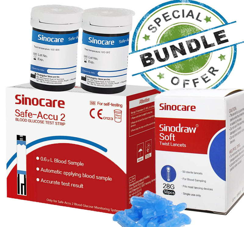 Sinocare Safe ACCU2 50 test strips & lancets + Sharps Disposal Bin
