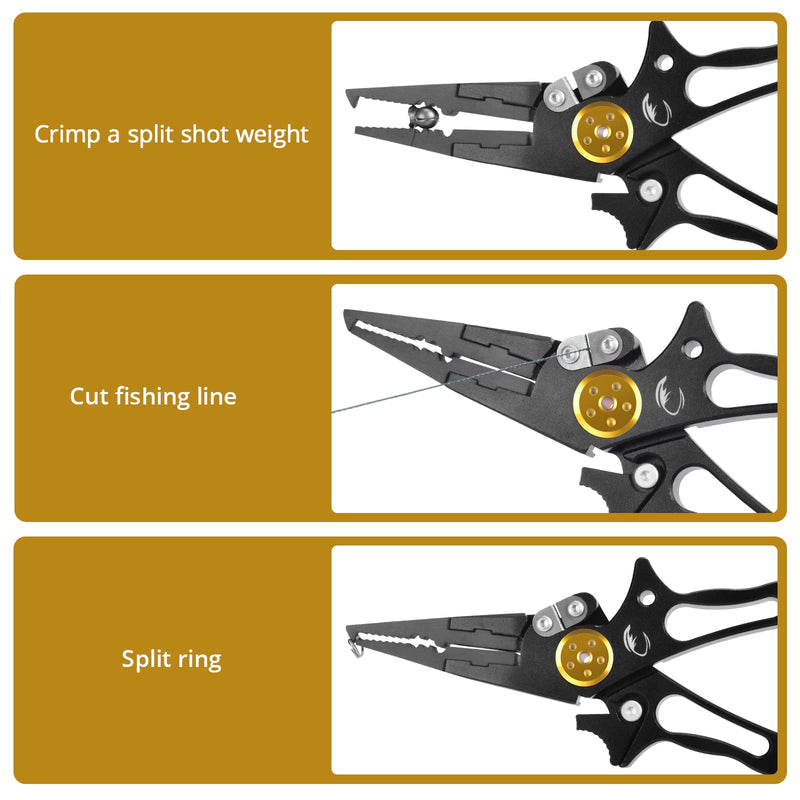 Calamus A6 Fishing Pliers with Fish Lip Gripper, Lightweight Aluminum Fishing Tools, Line Cutter Hook Remover Split Ring Pliers, Fly Fishing kit, Ice Fishing Gear, Fishing Gifts for Men A?Gold - BeesActive Australia