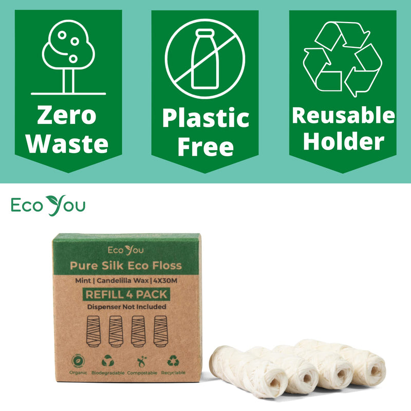 EcoYou Natural Silk Dental Floss | 4 Refills Pack | Mint & Candelilla Wax | Organic, Biodegradable - BeesActive Australia
