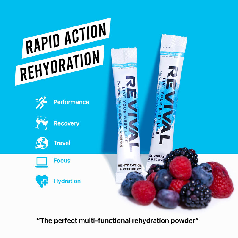 Revival Rapid Rehydration Electrolytes Powder - High Strength Vitamin C, B1, B3, B5, B12 Supplement Sachet Drink, Effervescent Electrolyte Hydration Tablets - 12 Pack Assorted Flavours 12 Count (Pack of 1) - BeesActive Australia