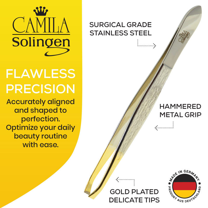 Camila Solingen CS30 3.5 Inches Gold Tipped, Surgical Grade, German Stainless Steel Tweezers (Claw) - Flawless Eyebrow and Facial Hair Shaping and Removal for Men/Women Claw - BeesActive Australia