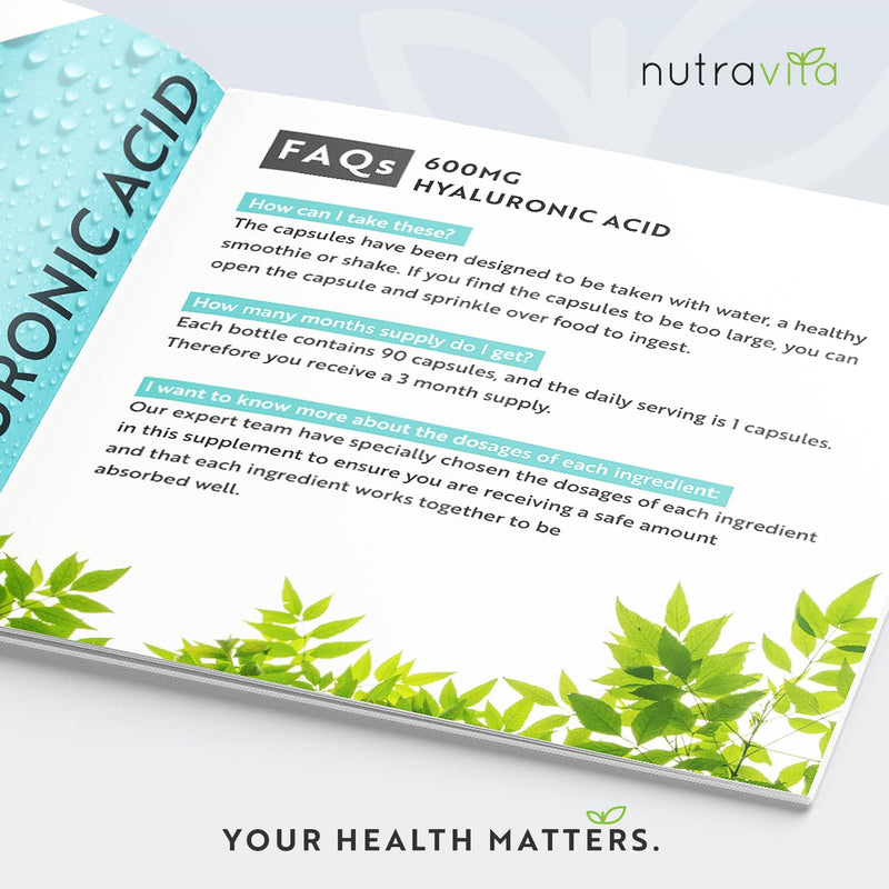 Hyaluronic Acid Capsules - 3 Month Supply of 600mg Hyaluronic Acid Capsules - High Dose with 500-700 KDA - GMO Free with No Synthetic Fillers or Binders - Made in The UK by Nutravita 90 Capsules - BeesActive Australia