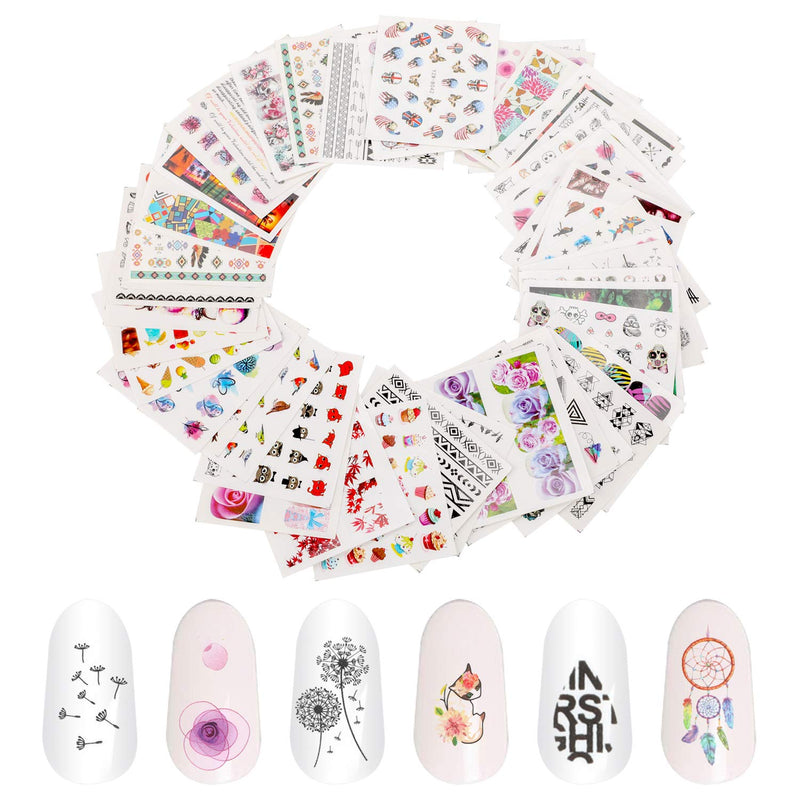 48 Sheets Mixed Nail Art Stickers, AKWOX Nail Art Water Transfer Sticker Home Manicure Decals with Flowers Feather Animal Cat for Women Toenails and Fingernails Decor DIY Nail Tips - BeesActive Australia