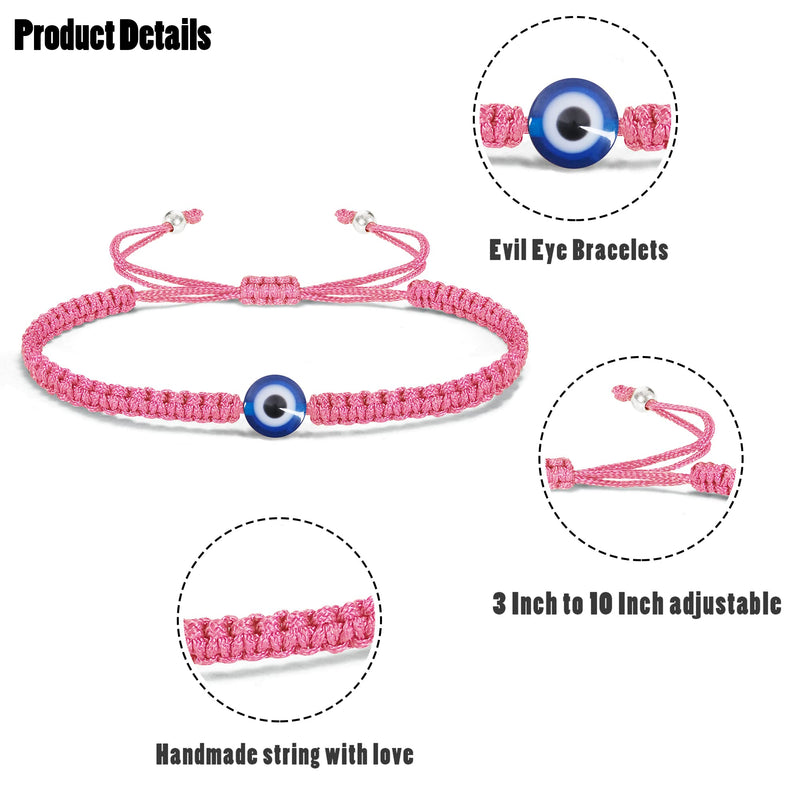 VIBILIA Evil Eye Bracelets for Women Men Handmade Braided Kabbalah Good Luck Bracelet Rope Cord Thread Friendship Bracelet Adjustable String Minimalist Jewelry 2P-Braid-Pink - BeesActive Australia