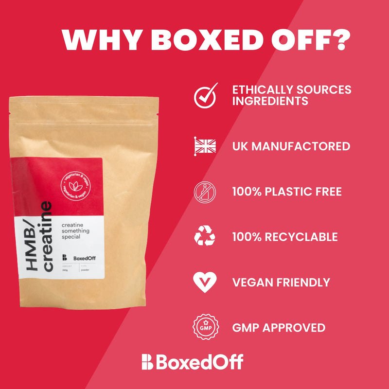 Boxed Off Micronised Creatine Monohydrate and HMB, Unflavoured, Vegan Food Supplement, Scientifically Proven to Increase Muscle Mass, Strength and Aid Recovery - Powder 240g (60 Servings) - BeesActive Australia