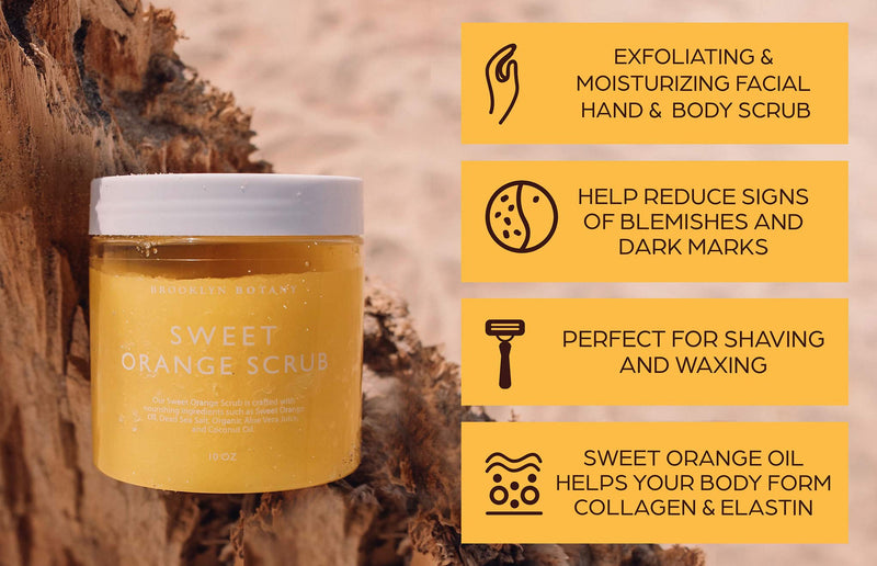 Brooklyn Botany 100% Natural Sweet Orange Body Scrub & Hand Scrub - Dual Action Exfoliator, Moisturizer For Great Skin- Made With Natural Orange Oil - Exfoliating Body Scrubs & Hand Scrubs - 10 oz 10 Ounce (Pack of 1) - BeesActive Australia