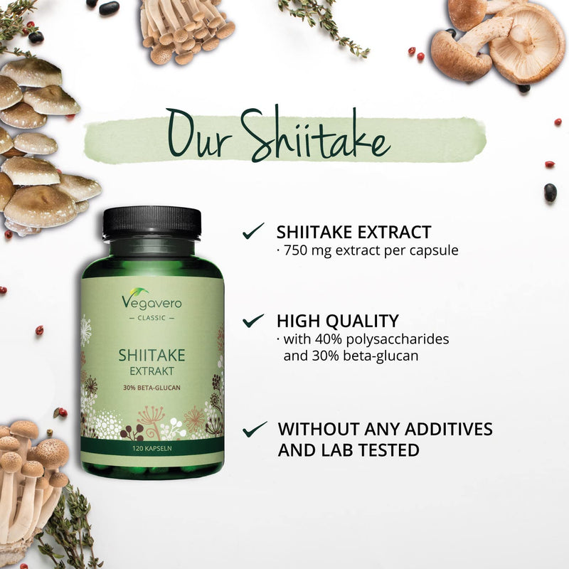 Shiitake Vegavero® | 750mg Mushroom Extract | with 40% Polysaccharides| 120 Vegan Capsules | NO Additives - BeesActive Australia