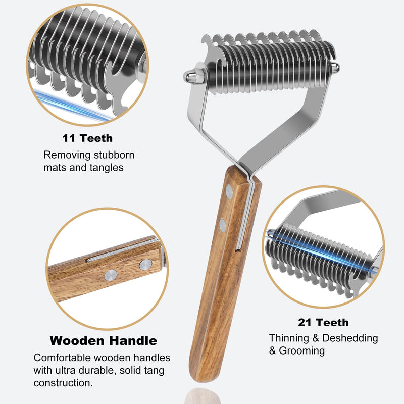 Pet Grooming Brush, 2 Sided Undercoat Rake for Dogs and Cats, Dematting Comb and Deshedding Tool for Shedding Long Hair, Pain Free Removing Tangled and Loose Fur, Stainless Steel with Wooden Handle 2 Sided Pet Grooming Rake - BeesActive Australia