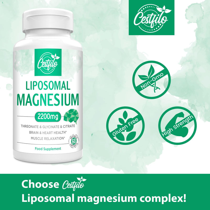Cestfilo Liposomal Magnesium Complex 2200mg-Liposomal Complex High Potency Magnesium Threonate, Magnesium Glycinate, Magnesium Citrate, Powerful Supplement, Gluten Free, 60 softgels. 60 Softgels(pack of 1) - BeesActive Australia