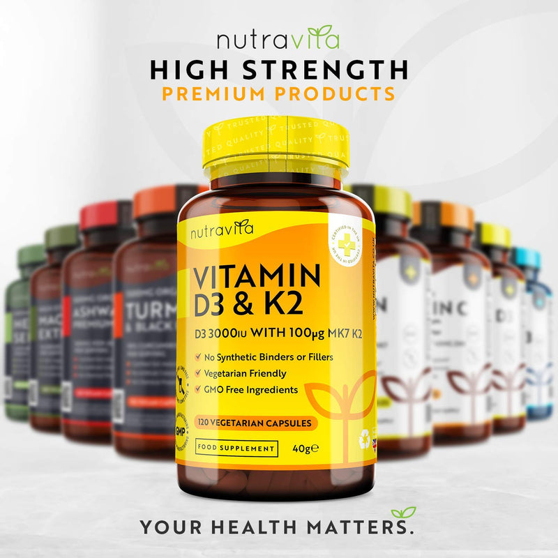 Vitamin D3 3000iu & K2 100ug (MK7) � 120 Vitamin D3 K2 Vegetarian Capsules � Supports Normal Bones, Muscles, Teeth and Immune System � Cholecalciferol & Menaquinone-7 � Made in The UK by Nutravita - BeesActive Australia