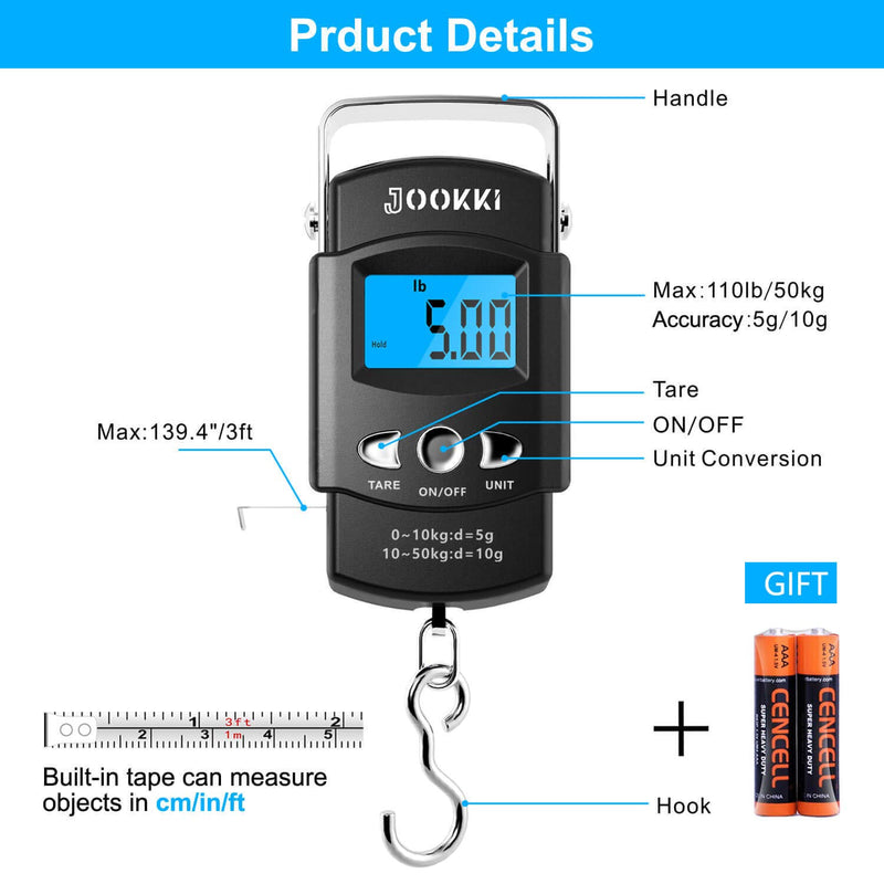 [AUSTRALIA] - Fish Scale,JOOKKI Hanging Scale Portable Dial Scale LCD Digital Weight Electronic Scale 110lb/50kg with a Tape Measure for Tackle Bag,Luggage,Baggage,(Black) 