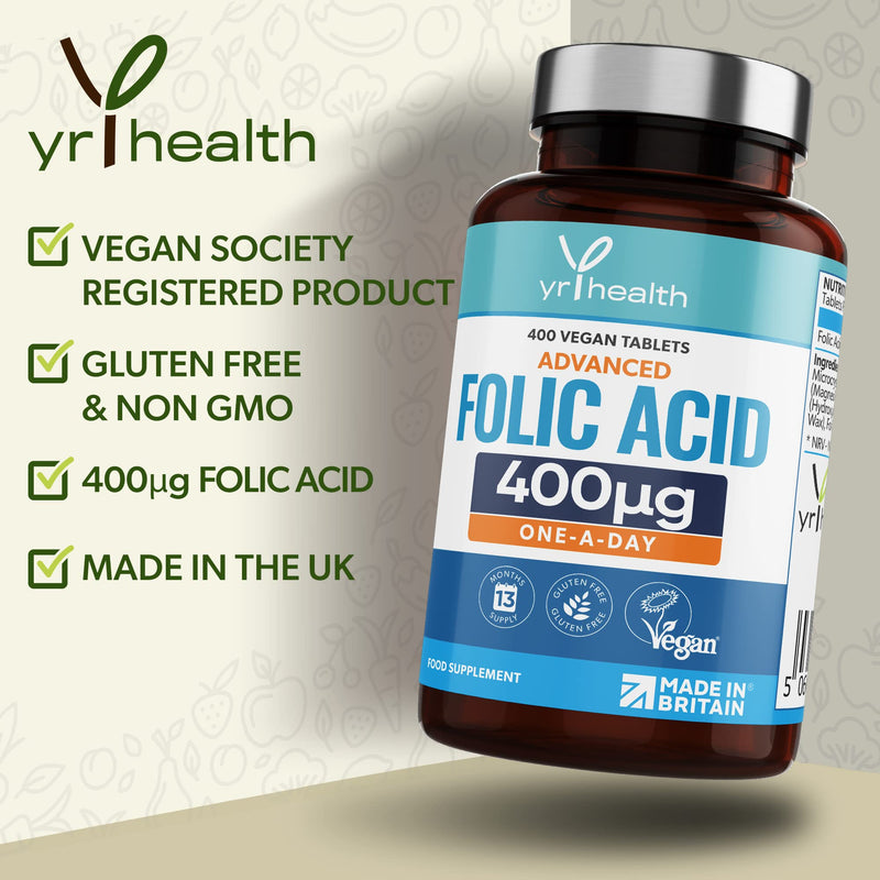 Folic Acid 400 mcg Tablets - 400 Vegan Vitamin B9 Tablets for Women, 13 Month Supply, Folic Acid Pregnancy for Normal Function of Immune System and Maternal Tissue Growth - Made in The UK by YrHealth - BeesActive Australia