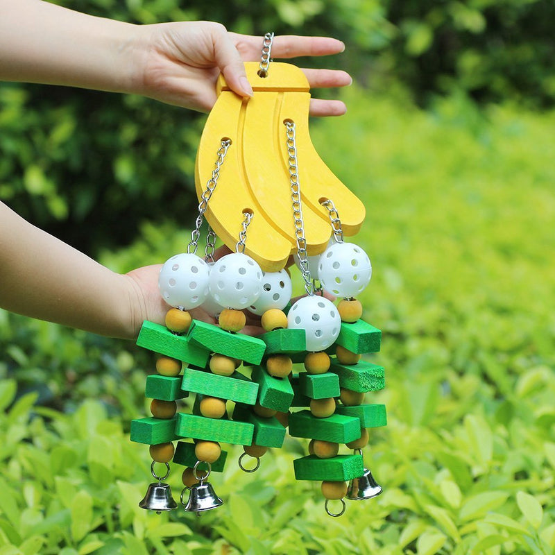 Parrot Hanging Swing Toy Bells Chew Toy Colorful Hanging Wood Block Parrot Macaw African Greys Cockatiels Budgies Conure Banana Shape Natural Birds Cage Hanging Toy - BeesActive Australia