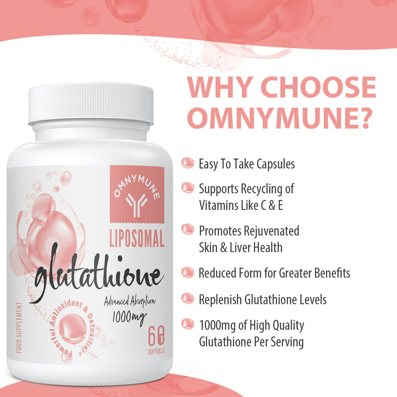 Liposomal Glutathione Supplement 1000mg, Reduced Glutathione Softgels with Vitamin C, for Anti-Aging, Detox, Brain, Immune Health, Better Absorption, L-Glutathione 60 Capsules per Bottle 60 Count (Pack of 1) - BeesActive Australia
