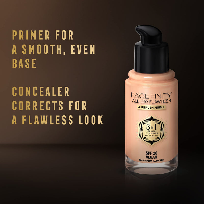 Max Factor Facefinity 3-in-1 All Day Flawless Liquid Foundation, SPF 20 - 45 Warm Almond, 30 ml - BeesActive Australia
