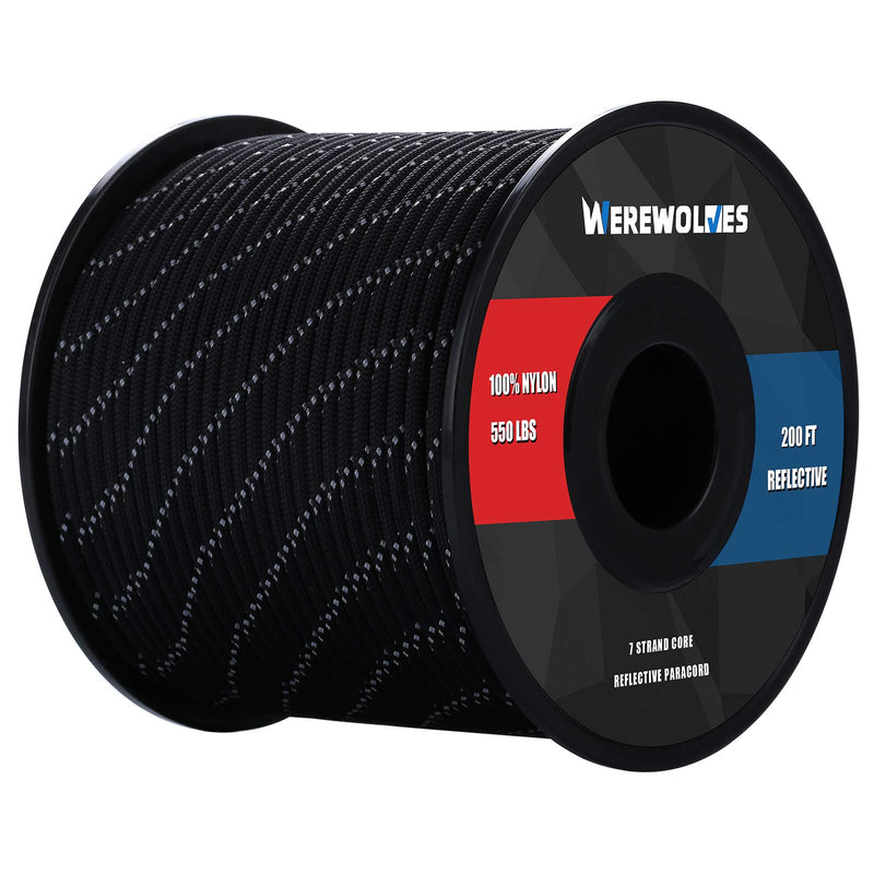 WEREWOLVES Reflective 550 Paracord - 100% Nylon, Rope Roller, 7 Strand Utility Parachute Cord for Camping Tent, Outdoor Packaging Reflective Black 100Feet - BeesActive Australia