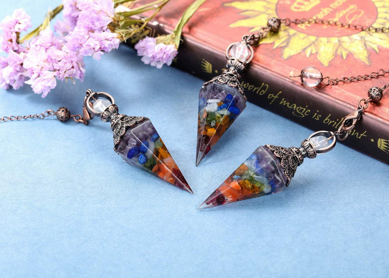 JOVIVI 7 Chakra Dowsing Pendulum Crystal Healing Hexagonal Gemstone Crystals Point Pendulum for Divination Scrying Dowser 7 Chakra Crystals - BeesActive Australia
