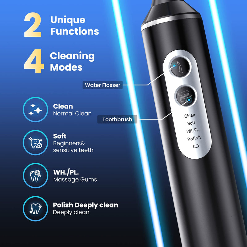 Water Dental Flosser with Electric Toothbrush, One Switch Between Tooth Brush & Water Floss, 3 in 1 Teeth Cleaning Kit with 4 Modes, Water Flosser Portable for Travel and Home (Black) Black - BeesActive Australia