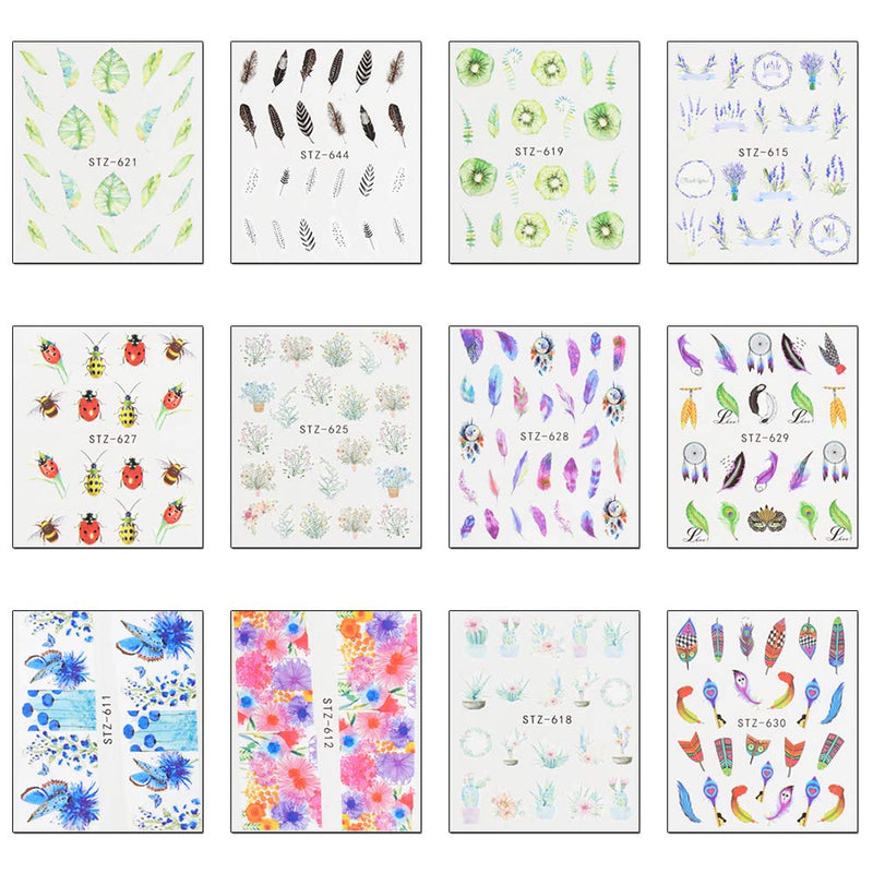 WOKOTO 40 Sheets Water Transfer Nail Art Decals With 1Pcs Tweezers Unicorn Flower Feather Nail Wraps Sticker Manicure Kits For Women KIT 1 - BeesActive Australia