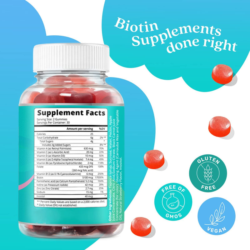 Biotin Hair Growth Vitamin Supplement Gummies with 5000mcg for Women or Men | Added Essential Multivitamins Support Skin Collagen & Nails | Vegan Friendly | Strawberry Flavour (60 Count) 1 - BeesActive Australia