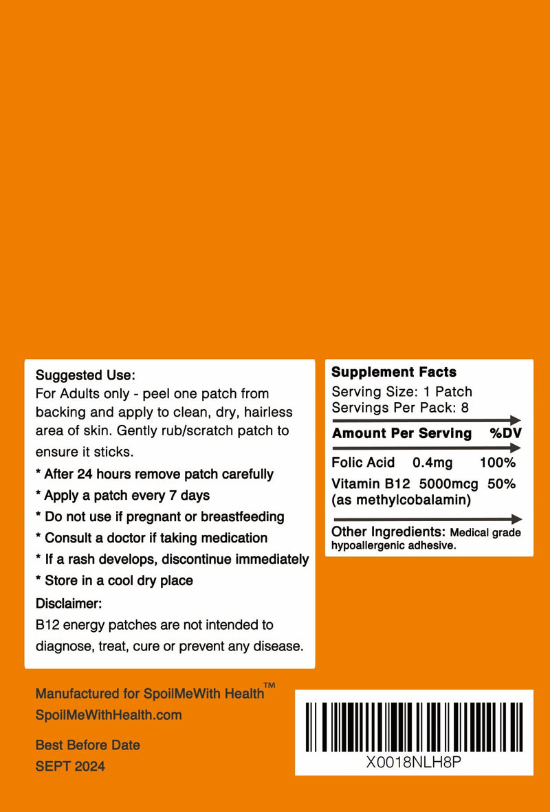 SpoilMeWith Health: B12 Patches (Methylcobalamin 5000 mcg) and folic Acid (0.4 mg). 8 Week Supply - BeesActive Australia