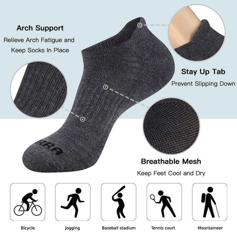 [AUSTRALIA] - LITERRA Mens Ankle Socks 6 Pack Low Cut Athletic Running Cushioned Tab Socks Grey Shoe Size: 6-12 