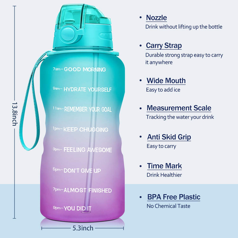 Giotto Large 1 Gallon/128oz Motivational Water Bottle with Time Marker & Straw,Leakproof Tritan BPA Free Water Jug,Ensure You Drink Enough Water Daily for Fitness,Gym and Outdoor Activity A1-Green/Purple Gradient - BeesActive Australia