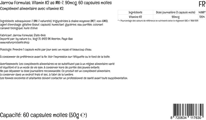 Jarrow Formulas MK-7, Vitamin K2, 90mcg, 60 Softgels, Lab Tested, Gluten Free, Soy Free, Non-GMO - BeesActive Australia