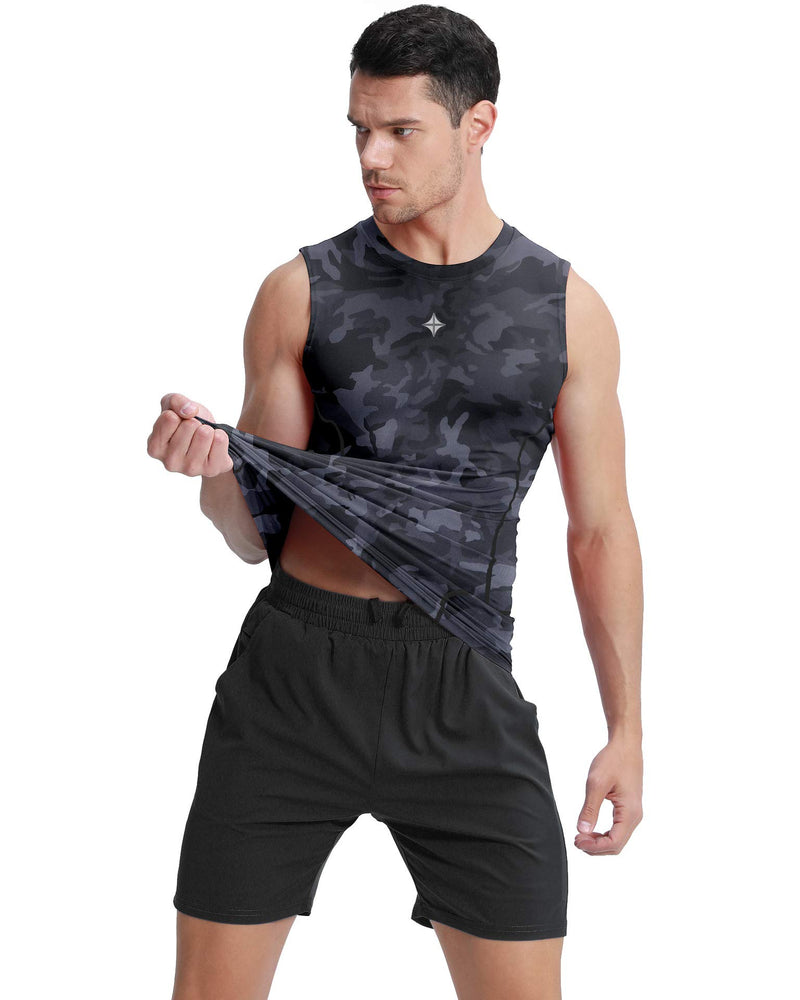 Milin Naco Men's Compression Shirts Sleeveless Workout Tank Tops Pack 3, 2 or 1 Black Blue/Black/Athletic Camo Gray Small - BeesActive Australia