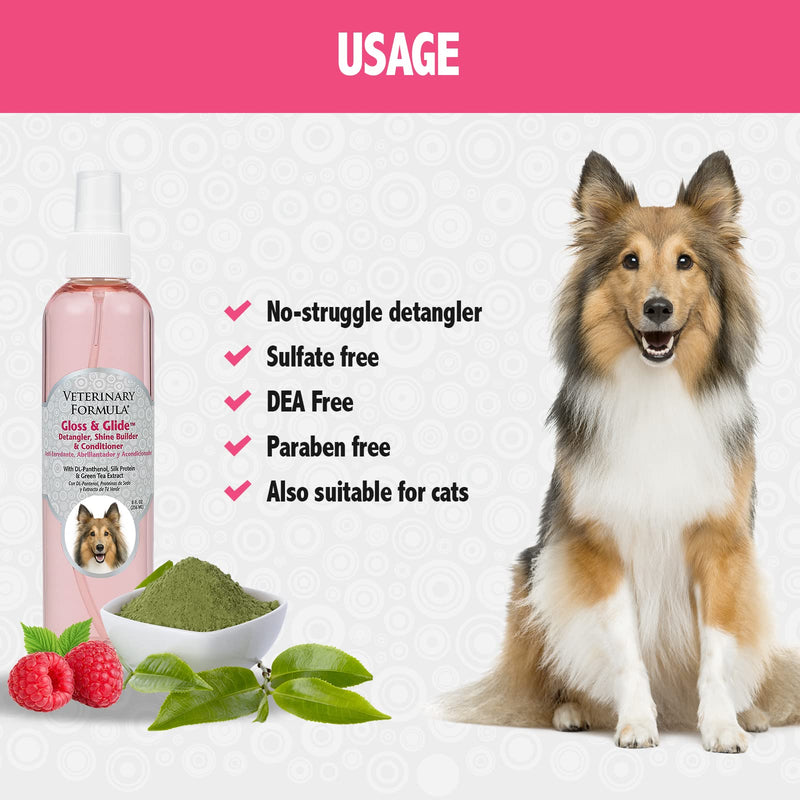 Veterinary Formula Solutions Gloss & Glide Detangler, Shine Builder, Conditioner Spray for Dogs – Quickly Detangles Matted Hair – With Silk Protein and Antioxidants (8 Fl. Oz.) - BeesActive Australia