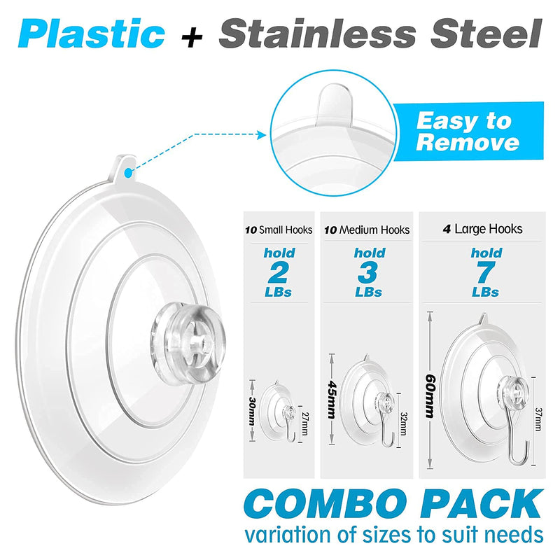 24 Pack All-Purpose Suction Cups Hooks Combo Set of Strongest Window Suction Cups with Hooks (4 Large, 10 Medium, 10 Small) 24 - BeesActive Australia
