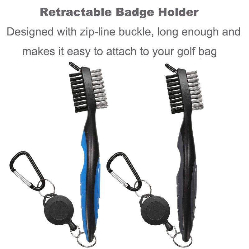 Borogo Golf Club Brush Groove Cleaner, 2-Pack Golf Club Brush and Club Groove Cleaner 2 Ft Retractable Zip-line and Aluminum Carabiner Cleaning Tools Black + Blue - BeesActive Australia