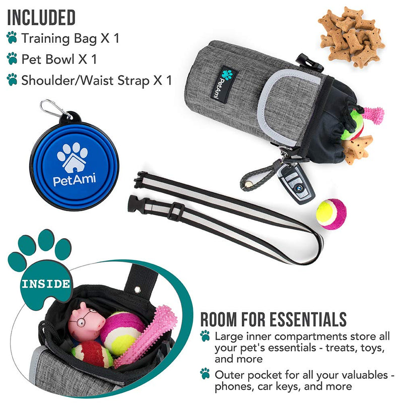 PetAmi Dog Treat Pouch with Large Front Pocket | Dog Training Pouch Bag with Waist Shoulder Strap, Poop Bag Dispenser, Collapsible Bowl | Training Bag for Kibbles, Pet Toys | 3 Ways to Wear Heather Grey - BeesActive Australia
