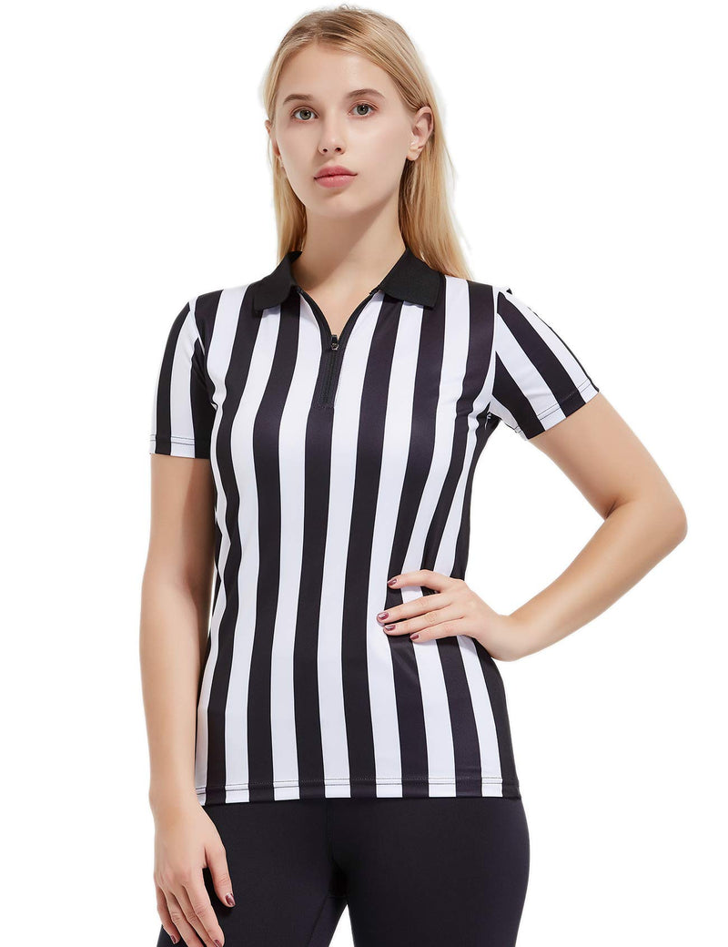 FitsT4 Women's Black & White Stripe Referee Shirt,Zipper Referee Jersey Short Sleeve Ref Tee Shirt for Refs, Waitresses & Costume X-Small - BeesActive Australia