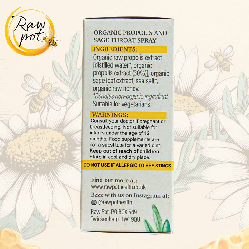 RAW POT - Organic Propolis and SAGE Throat Spray | Alcohol-Free 100% Pure Raw Bee Propolis Extract & Sage | Relief Sore Throat Spray & Soothes Pain, Immunity Support | Kids & Adults (30ml) PROPOLIS + SAGE - BeesActive Australia