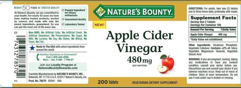 Nature's Bounty Apple Cider Vinegar Dietary Supplement, Supports Energy Levels and Metabolism, Plant Based, 480mg, 200 Tablets 200 Count (Pack of 1) - BeesActive Australia