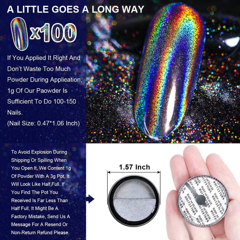 Holographic Nail Powder Holo Powder for Nails Chrome Nail Powder Rainbow Unicorn Mirror Effect Glitter Dust Multi Manicure Pigment Nail Art DIY Deco with Sponge Tool/3pcs, 0.04oz/1g - BeesActive Australia
